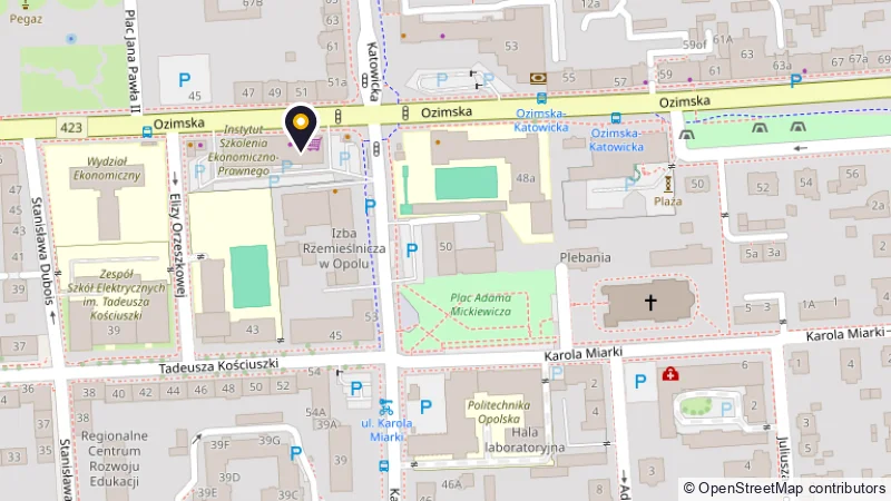 Mapa okolicy ul. Ozimskiej 48 w Opolu, na której znacznik wskazuje Centrum Egzaminacyjne. Kliknięcie otwiera Mapy Google.